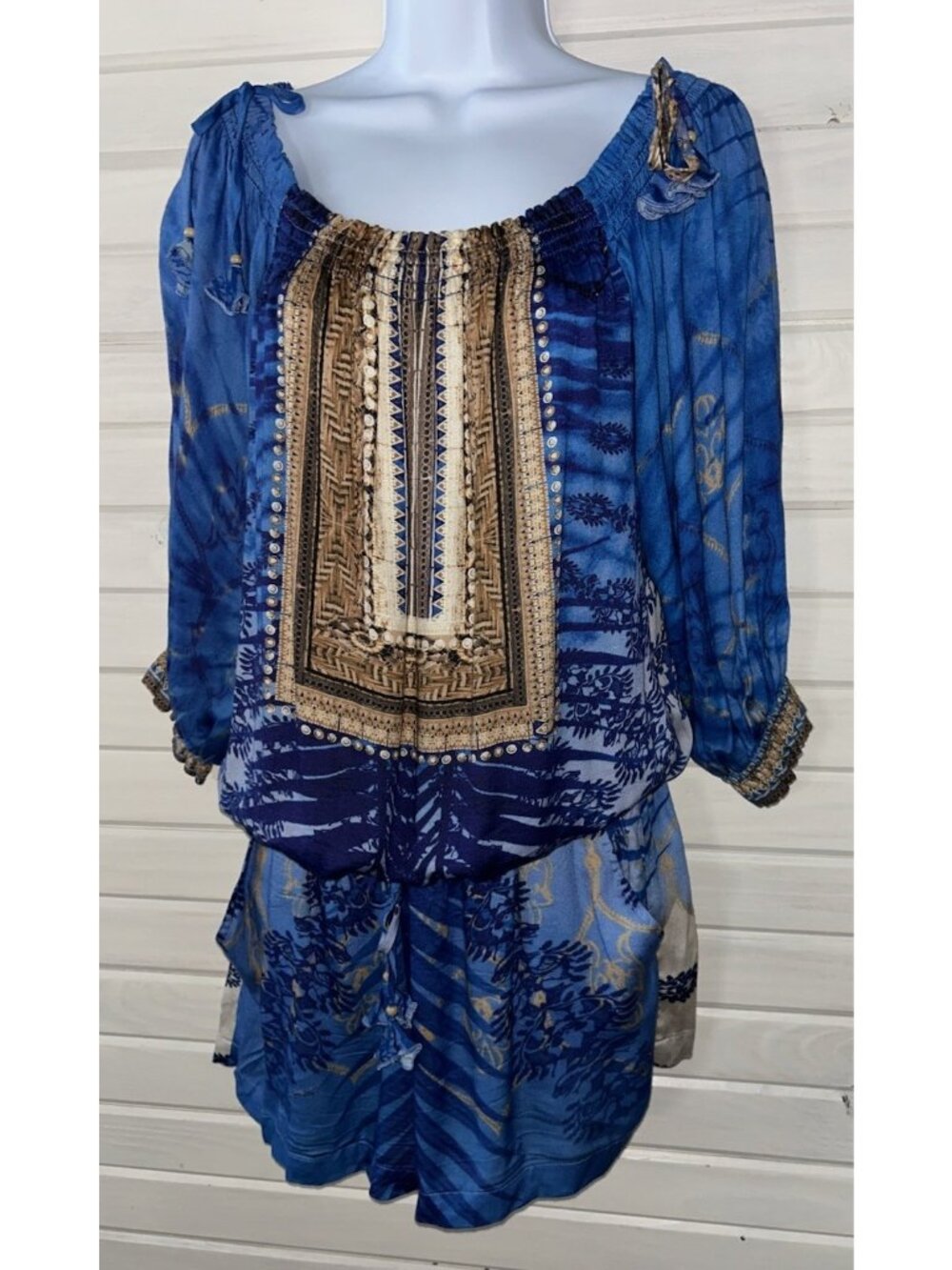 HALE BOB Sz SMALL Westina Satin Romper Shorts Blue Floral Medallion EUC